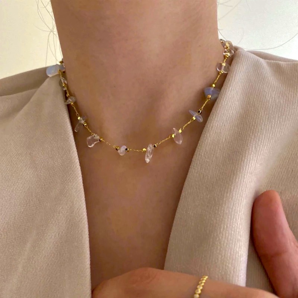 14k Gold Plated White Quartz Stone Choker Necklace